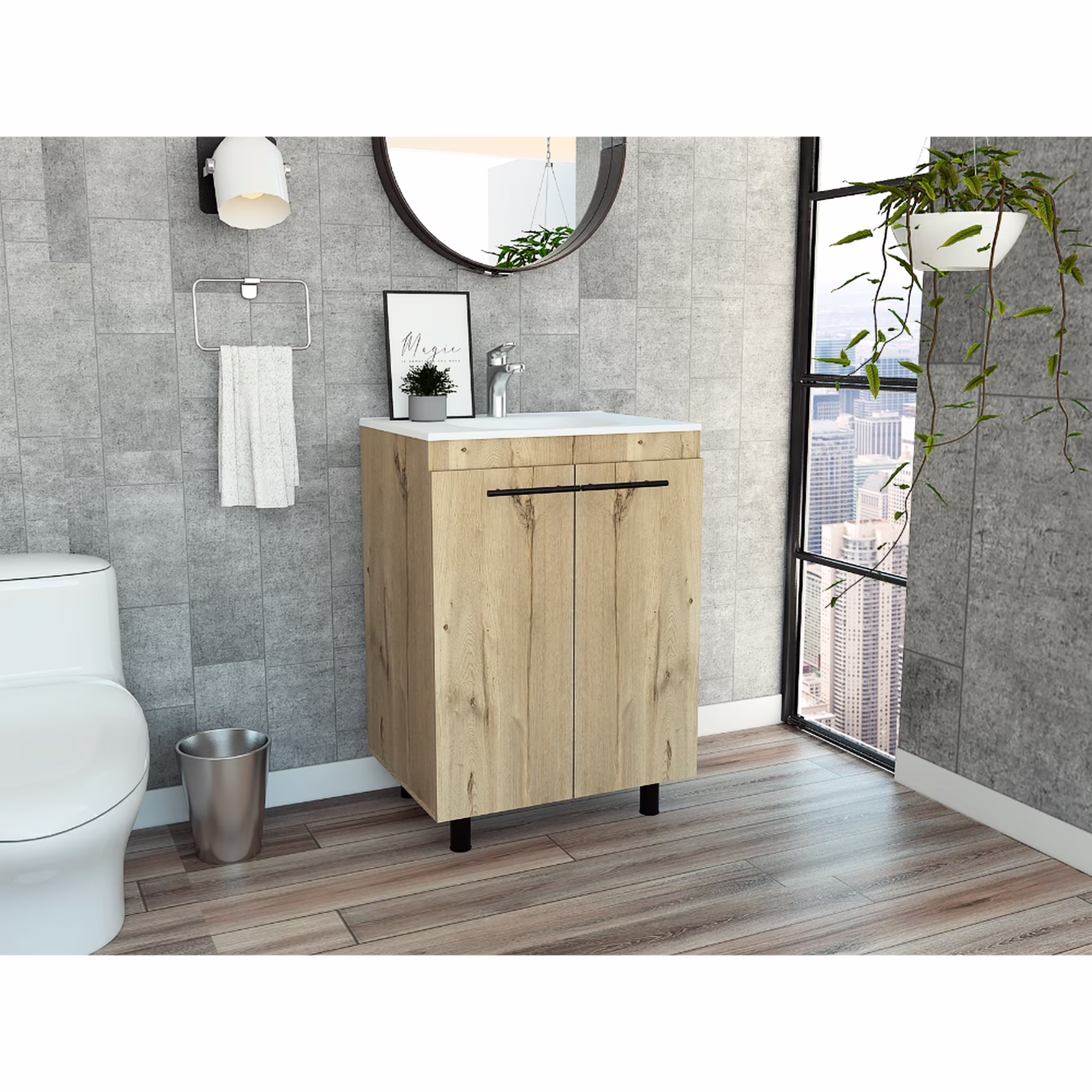 24" Floor Cabinet With Oak Finish, Double-door And Two Shelves - Storage Room Vanity Beige Particle Board Cabinet, Double Door & Spa
