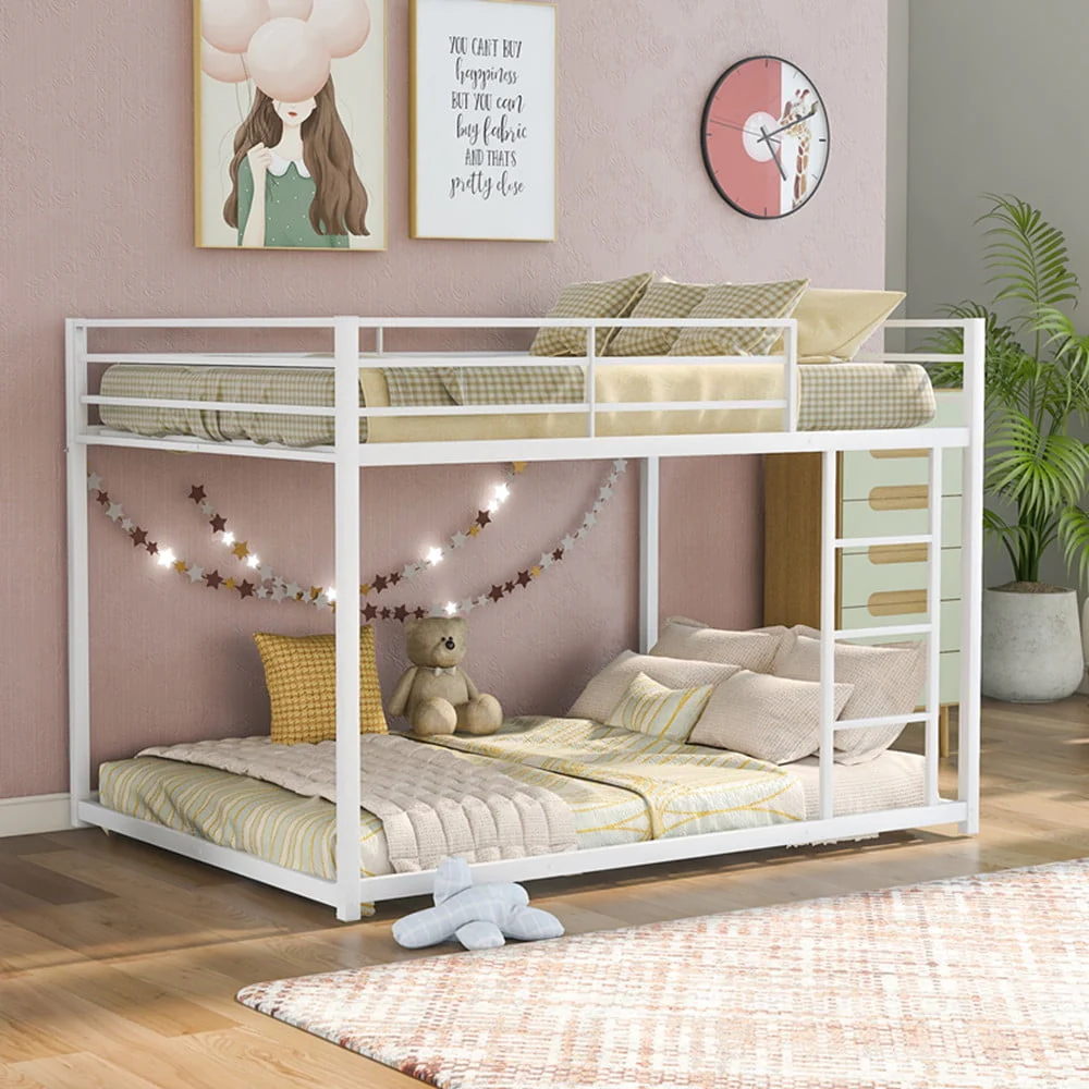 Full over Full Metal Bunk Bed, Upgraded Metal Bunk Bed Frame with Ladder and Safety Guard Rail, Heavy Duty Bunk Beds for Adults Teens Noise Free Space-Saving Easy to Assemble, White