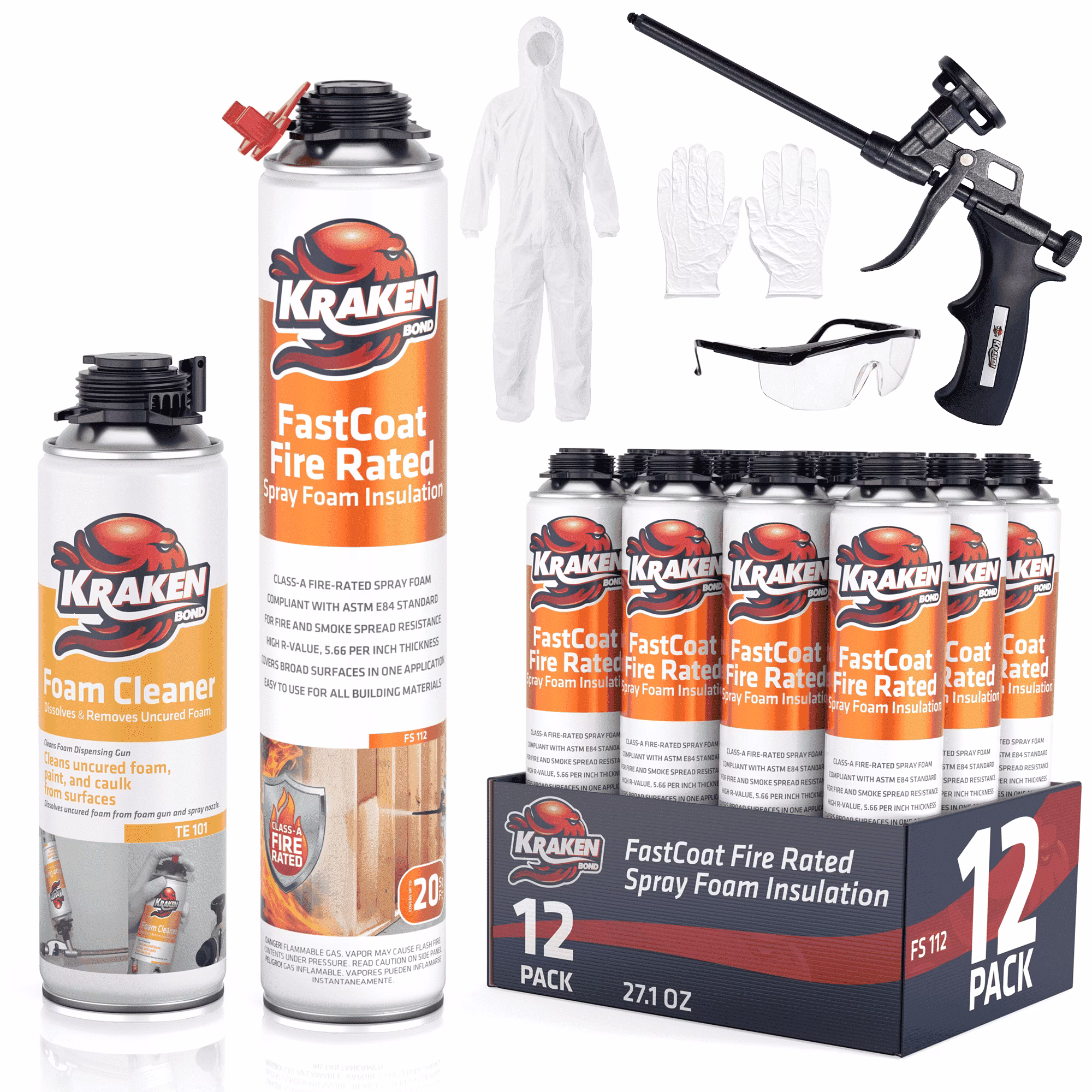 Kraken Bond Fastcoat Spray Foam Insulation Kit, Class A Fire Rated, 240 Board Feet, Closed Cell - 12 Pack Set