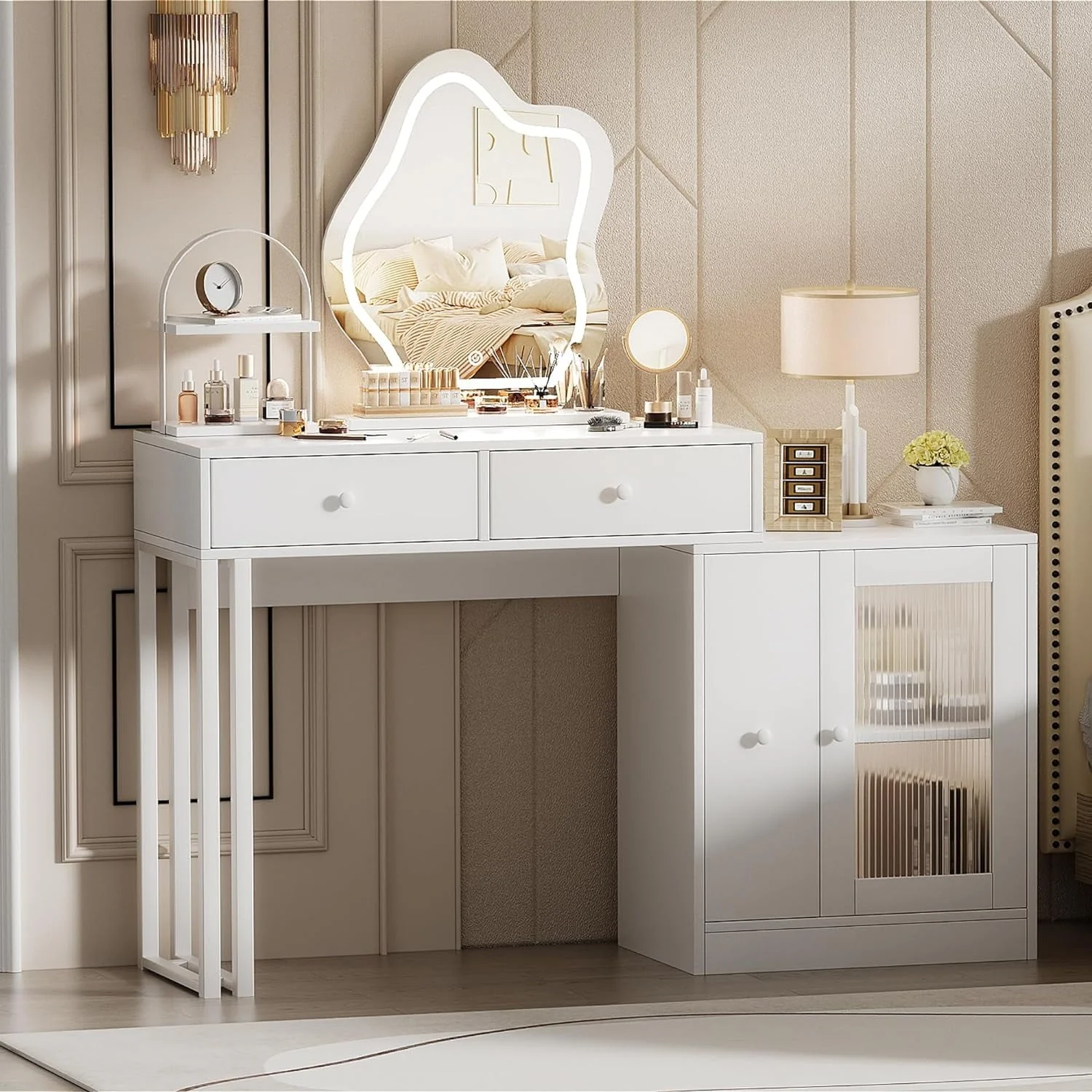 PAKASEPT Makeup Vanity with 3-Color Touch Screen Lighted Mirror, Makeup Table with Drawers and Storage Cabinet, Dressing Table for Women Girls