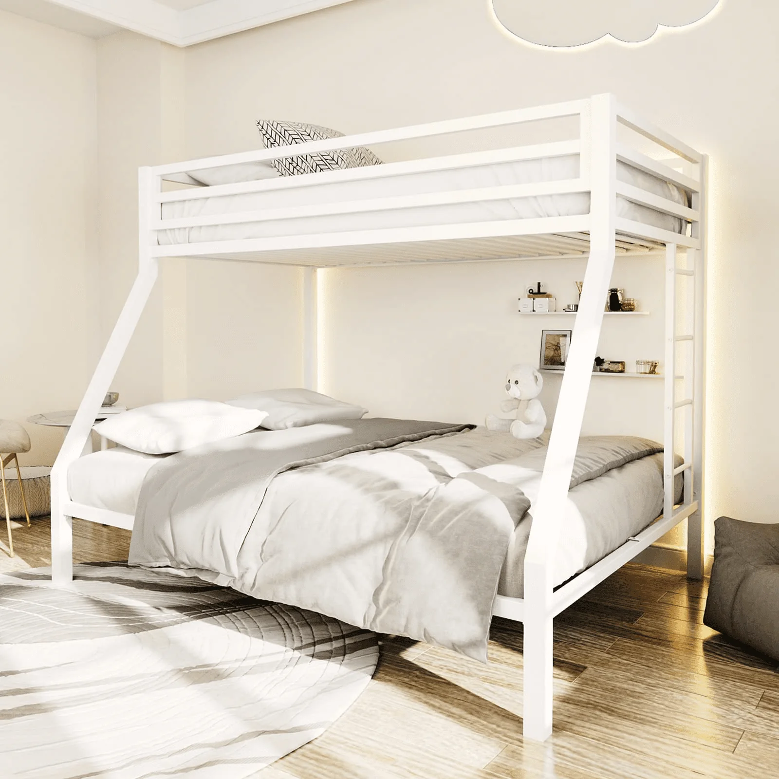 Einfach Metal Bunk Bed Frame, Twin over Full Size Beds, White