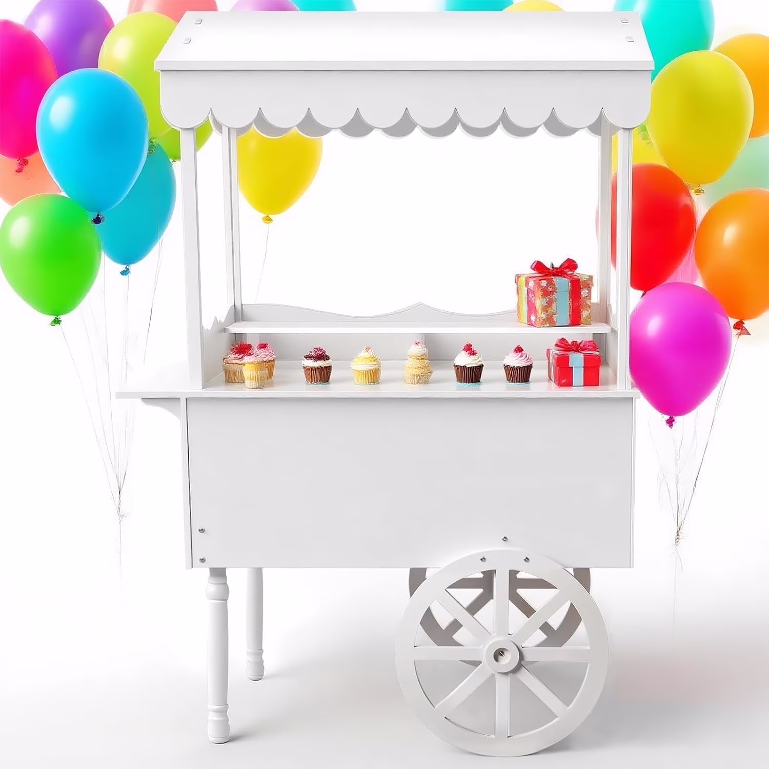 Gaonala 72in Candy Cart Display Stand with Decorated Wheels 100 Balloons Easy Install Vintage Dessert Cart for Parties Birthdays Weddings White