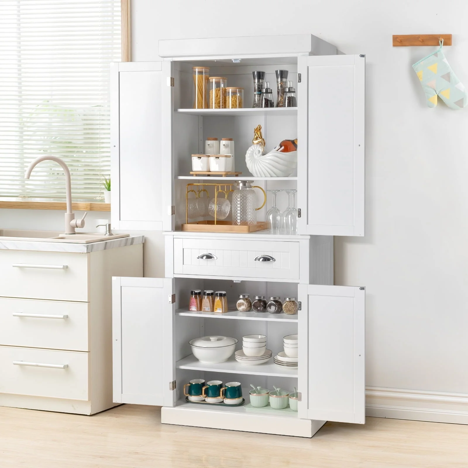 Ktaoxn 72" Kitchen Pantry Cabinet with Doors and Shelves and Single Drawer Double Door Storage Cabinet, White